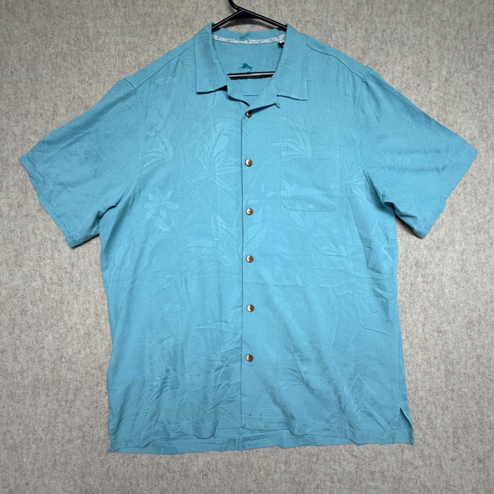 Tommy Bahama Shirt Mens XLT Blue Silk Tropical Jacquard Camp Aloha Beach Resort